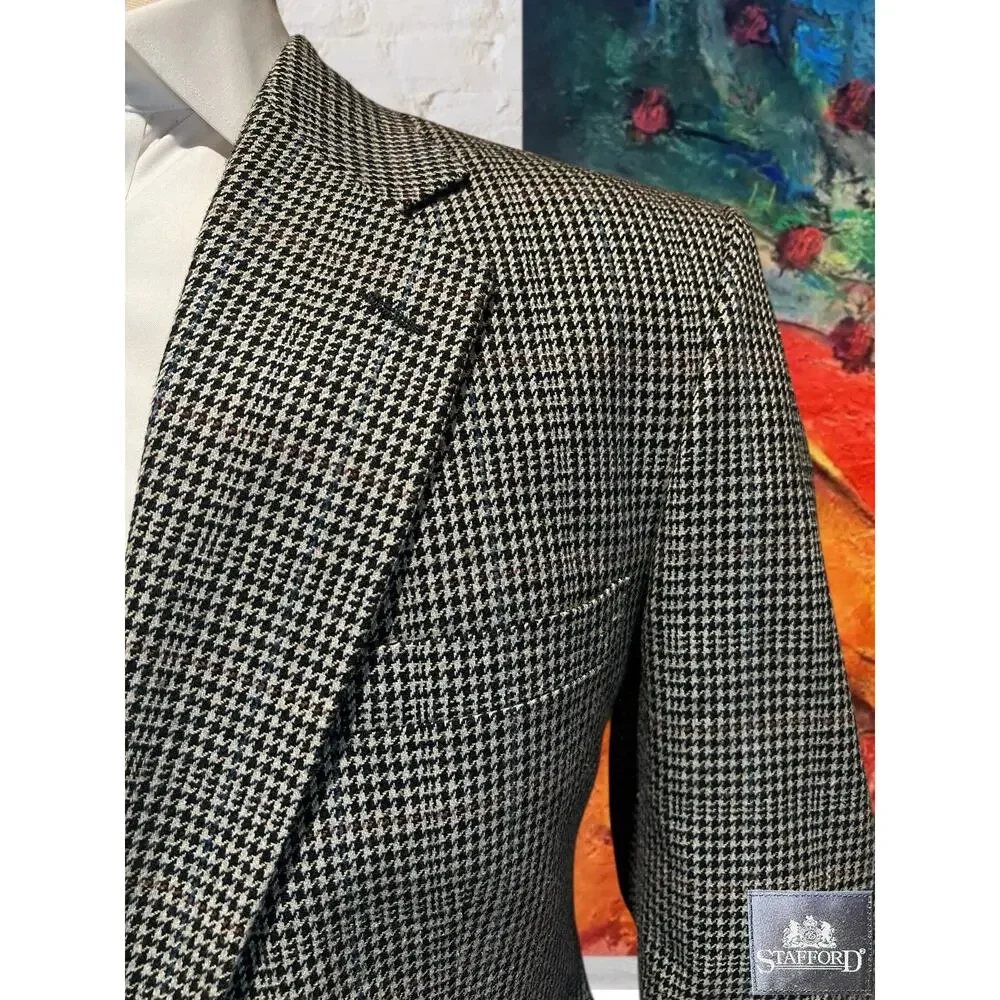 Stafford Mens 46R Black Beige Burgundy Houndstooth Plaid Blazer Sport Jacket - Picture 4 of 16